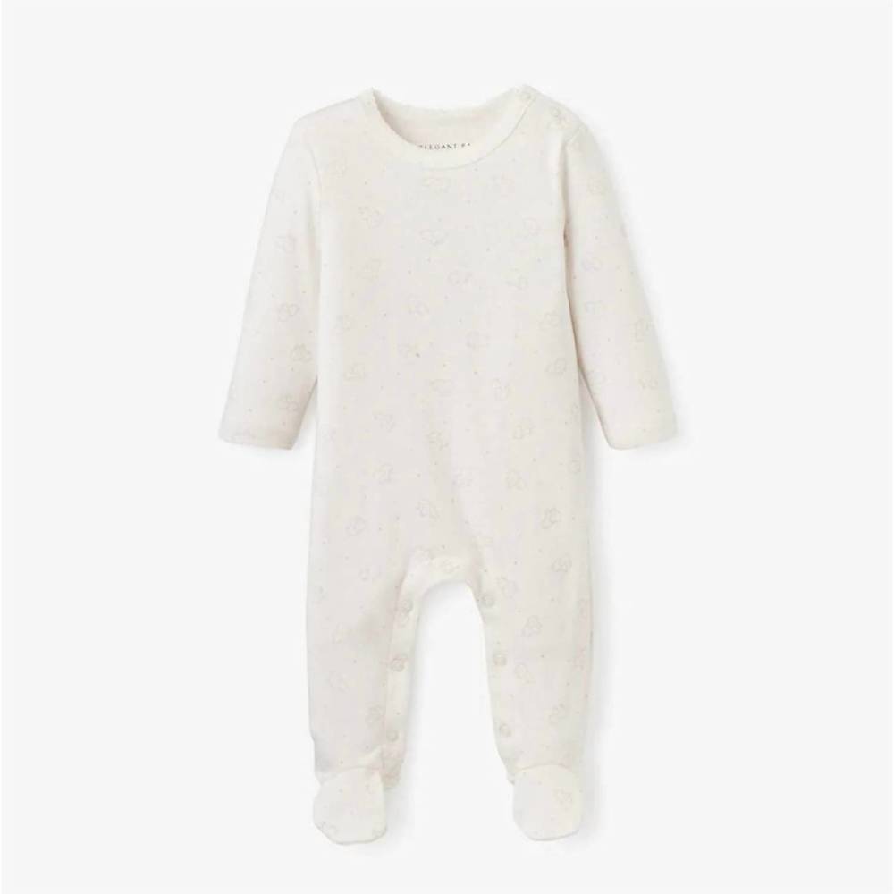 NEW ELEGANT BABY baby's printed elephant cotton footie in cream/grey